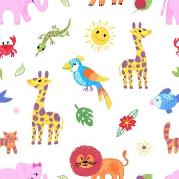 Drawing animal pattern. Children hand drawn crayons animals, color pencil paint giraffe, elephant, cat and lion. Safari exotic vector seamless pattern. Illustration of hand drawn pattern decorative. Drawing animal pattern. Children hand drawn crayons animals, color pencil paint giraffe, elephant, cat and lion. Safari exotic neoteric vector seamless pattern