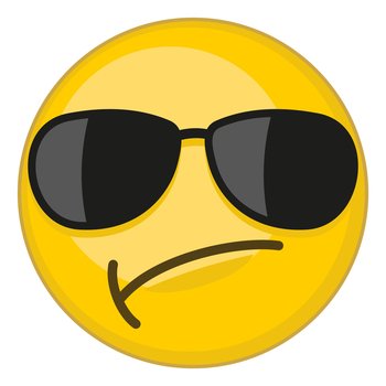 Confused yellow face in sunglasses. Disappointment emoji isolated on white background. Confused yellow face in sunglasses. Disappointment emoji