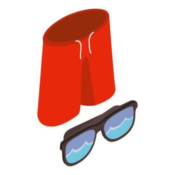Beach accessory icon isometric vector. Red shorts and sunglasses reflecting wave. Beach vacation, summer holiday. Beach accessory icon isometric vector. Red shorts and sunglasses reflecting wave