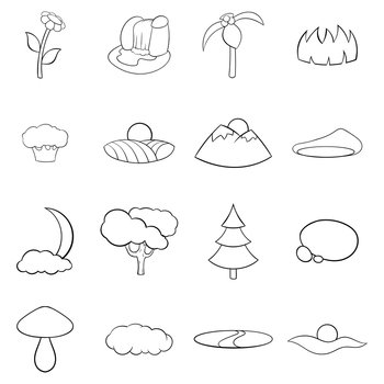Landscape set icons in outline style isolated on white background. Landscape icon set outline