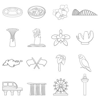 Singapore travel set icons in outline style isolated on white background. Singapore travel icon set outline