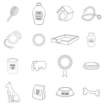 Dog care set icons in outline style isolated on white background. Dog care icon set outline