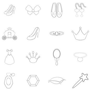 Princess doll set icons in outline style isolated on white background. Princess doll icon set outline