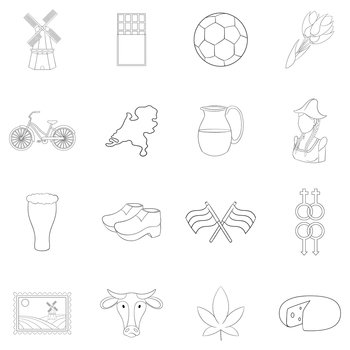 Netherland travel set icons in outline style isolated on white background. Netherland travel icon set outline