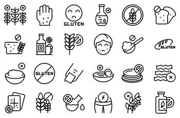 Gluten intolerance icons set outline vector. Free gluten. Non gmo. Gluten intolerance icons set outline vector. Free gluten