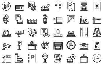Parking place icons set outline vector. Park garage. Car bicycle. Parking place icons set outline vector. Park garage