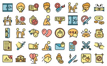 Violence at school icons set outline vector. Victim abuse. Family depresion. Violence at school icons set vector flat