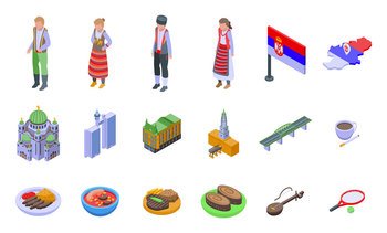 Serbia icons set isometric vector. Country flag. Travel map. Serbia icons set isometric vector. Country flag