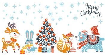 Horizontal greeting card with cute animals deer, bear, rabbit, fox with gifts and christmas tree vector illustration. Merry Christmas lettering. For print, design, fabric, porcelain, bed linen, decor. Merry Christmas card cute animals vector illustration
