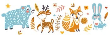 Horisontal greeting card with cute isolated animal deer, bear, fox, rabbit, leaves and flowers vector illustration. White background. For print, fabric, porcelain, bed linen, decor, design templates. Horisontal card with animals vector illustration whire