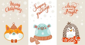 Set of vertical christmas cards with cute fox, bear and penguin vector illustration. Christmas lettering. For print, design, fabric, porcelain, linen, decor and party, stickers, sale template. Set of christmas vertical cards cute characters vector illustration