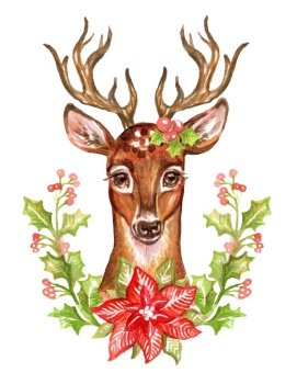 Cute close up deer in Christmas wreath. Hand drawn watercolor for Christmas and Happy New Year season. Design for cards, stickers, social post, cover, sale banner, porcelain. Isolated illustration. Cute deer with holly Christmas wreath watercolor illustration