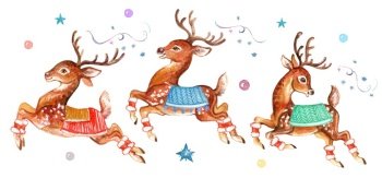 Cute elegant spotted Christmas deers set. Hand painted watercolor drawing for Christmas and New Year season. Design for sale banner, cards, social post, cover, invitation, print. Isolated illustration. Cute deer with Christmas balls watercolor illustration