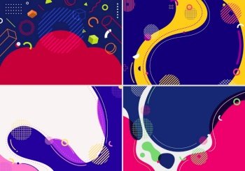 Set of abstract background flat design liquid organic forms dynamic waves and 3D geometric circles, lines elements pattern background retro style. Vector illustration