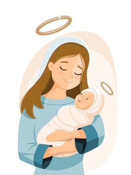 Virgin Mary holding newborn Jesus. Mothers day. Christmas scene