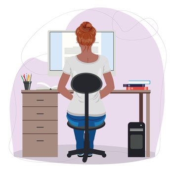 Back view of sitting woman in casual jeans and gray t shirt reading on computer screen illustration.

