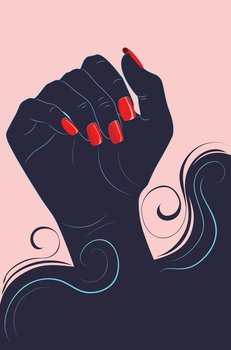 Human hand with red nail polish, silhouette with decorative swirls illustration.