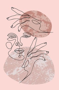 Elegant female face with hand, abstract contemporary portrait line art illustration.