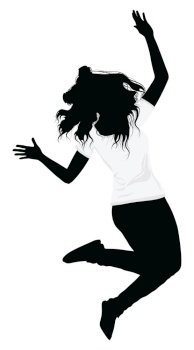 Silhouette of a girl in a white t-shirt jumping pose.