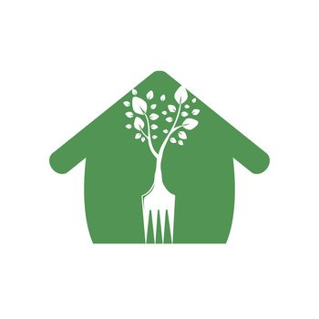 Fork tree with home shape vector logo design. Restaurant and farming logo concept.	