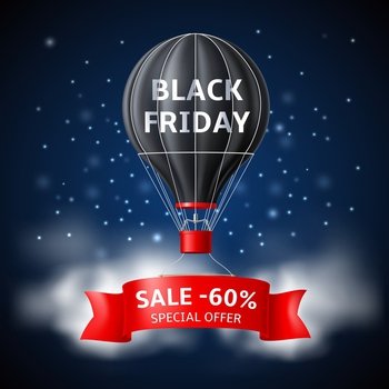 Hot air balloon black friday. Black retro airship with advertising sale and discount text, red tape banner, night sky, luxury product flying in night, promotional poster or flyer utter vector concept. Hot air balloon black friday. Black retro airship with advertising sale and discount text, red tape banner, night sky, luxury product flying in night, promotional poster utter vector concept