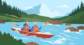 Extreme people. Rafting and kayaking sport, couple in boat, stormy river, adrenaline release, canoeing athletes, man and woman with oars, active leisure nowaday vector cartoon flat isolated concept. Extreme people. Rafting and kayaking sport, couple in boat, stormy river, adrenaline release, canoeing athletes, man and woman with oars, active leisure nowaday vector cartoon concept