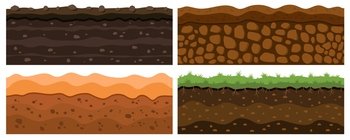 Earth ground layers, dirt soil set. Geology underground lands collection, clay under rock for archeology game backgrounds. Horizontal landscape. Desert and grass field. Vector illustration texture. Earth ground layers, dirt soil set. Geology underground lands collection, clay under rock, archeology game backgrounds. Horizontal landscape. Desert and grass field. Vector illustration texture