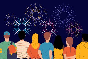 People watching fireworks. Persons group standing behind. Color sparks. Light flashes in night sky. Holiday celebration. Man and woman looking festive flares together. Rear view. Vector illustration. People watching fireworks. Persons standing behind. Color sparks. Light flashes in night sky. Holiday celebration. Man and woman looking festive flares. Rear view. Vector illustration
