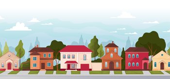 Street houses, neighbourhood home road. Suburban town, residence on asphalt, nature garden. Cute small city and village, cottages landscape with green trees. Vector cartoon flat isolated illustration. Street houses, neighbourhood home road. Suburban town, residence on asphalt, nature garden. Cute small city and village, cottages landscape with green trees. Vector cartoon flat illustration