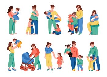 Family love kids. Woman together with little child. Group of happy girls in Women s Day. Cute children hug parents. Newborn baby in carriage. Son and daughter on moms hands. Vector illustration set. Family love kids. Woman together with child. Group of happy girls in Women s Day. Children hug parents. Newborn baby in carriage. Son and daughter on moms hands. Vector illustration set