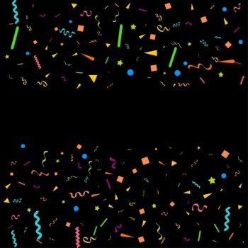 Vector abstract Black Background with many falling tiny colorful confetti pieces and ribbon. Carnival. Christmas or New Year decoration colorful party pennants for birthday. festival Vector Illustration