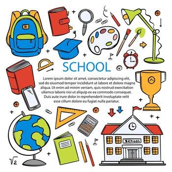 ONLINE SCHOOL Education Concept Web Banner Doodle Vector Set