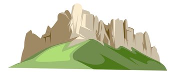 Rock mountains on green hill. Cartoon landscape element isolated on white background. Rock mountains on green hill. Cartoon landscape element