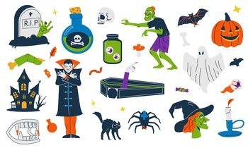 Scary Halloween symbols. Cute childish pumpkin zombie bat ghost cat vampire witch elements, cartoon flat october holiday spooky bundle. Vector collection. Mystery and frightening holiday symbols. Scary Halloween symbols. Cute childish pumpkin zombie bat ghost cat vampire witch elements, cartoon flat october holiday spooky bundle. Vector collection