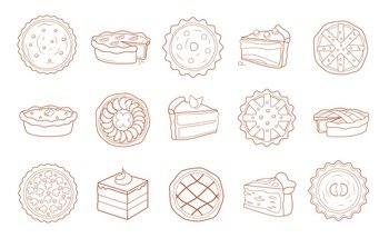 Line pie dessert. Sweet rural bakery filling with sliced fruits and berries, cake tart and cheesecake pastry pieces drawing. Vector doodle set. Pastry with apples, lemon and mushrooms. Line pie dessert. Sweet rural bakery filling with sliced fruits and berries, cake tart and cheesecake pastry pieces drawing. Vector doodle set