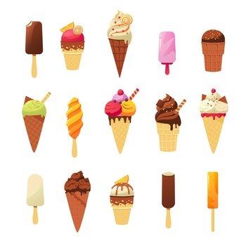 Colorful ice cream dessert. Cartoon sweet cold summer dessert of various shapes and colors in waffle cups and on wooden sticks covered with topping and fruits. Vector set. Delicious snack. Colorful ice cream dessert. Cartoon sweet cold summer dessert of various shapes and colors in waffle cups and on wooden sticks covered with topping and fruits. Vector set