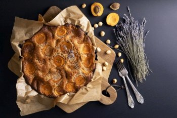 beautiful and delicious apricot cake with nuts and lavender. summer baking
