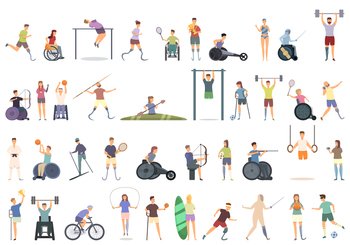 Disabled sport icons set cartoon vector. Handicap athlete. Blind fencing. Disabled sport icons set cartoon vector. Handicap athlete