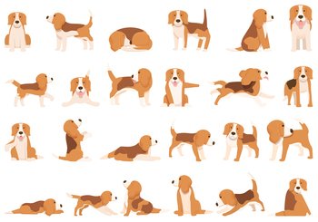 Beagle icons set cartoon vector. Dog breed. Canine pet. Beagle icons set cartoon vector. Dog breed