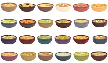 Street soup icons set cartoon vector. Cafe cooking. Appetizer cuisine. Street soup icons set cartoon vector. Cafe cooking