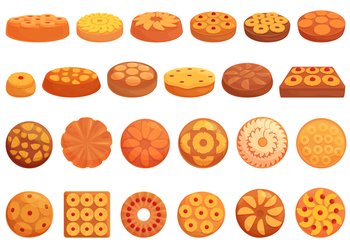 Upside-down cake icons set cartoon vector. Tart food. Baked dessert. Upside-down cake icons set cartoon vector. Tart food
