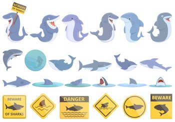 Beware the sharks icons set cartoon vector. Animal angry. Shark surf. Beware the sharks icons set cartoon vector. Animal angry