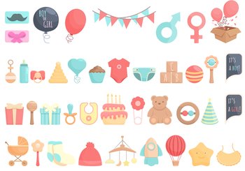 Gender party icons set cartoon vector. Reveal baby. Girl sleep. Gender party icons set cartoon vector. Reveal baby