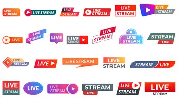 Live stream icons set cartoon vector. Air music. Tv channel. Live stream icons set cartoon vector. Air music
