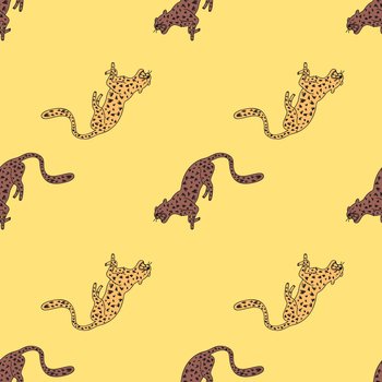 Decorative seamless pattern with doodle cute leopard. Hand drawn cheetah endless wallpaper. Wild animals background. Design for fabric, textile, wrapping, illustration. Decorative seamless pattern with doodle cute leopard. Hand drawn cheetah endless wallpaper.