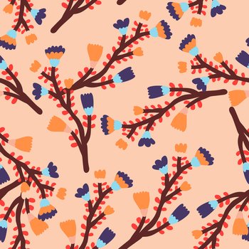 Hand drawn flower seamless pattern. Naive art. Cute floral wallpaper. Abstract plants endless backdrop. Design for fabric, textile print, wrapping paper, cover. Vector illustration. Hand drawn flower seamless pattern. Naive art. Cute floral wallpaper. Abstract plants endless backdrop.