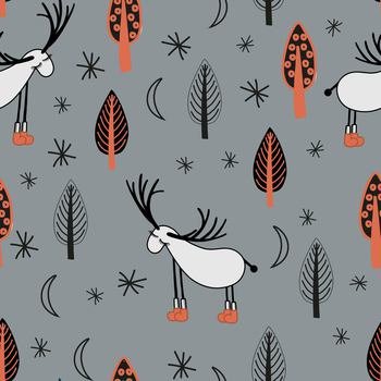 Funny children s pattern. GENTLE MODERN SEAMLESS PRINT With deer and trees.. Funny children s pattern. GENTLE MODERN SEAMLESS PRINT With deer and trees