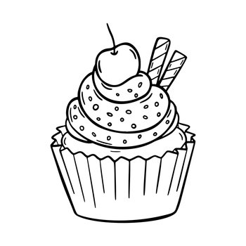 Vector doodle cupcake with cream hand drawn design. Sweet dessert with cherry isolated on white background. For print, coloring, logo.. Vector doodle cupcake with cream hand drawn design. Sweet dessert with cherry isolated on white background. For print, coloring, logo