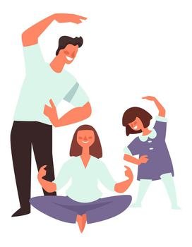 Mother and father with kid doing yoga asanas and meditating. Isolated family members exercising and strengthening body. Male and female keeping fit and caring for health. Vector in flat style. Family members doing yoga, active lifestyle vector