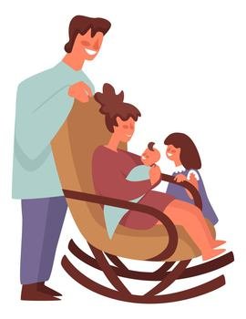 Mother and father with newborn child, daughter meeting little sister. Woman in rocking chair caring for baby. Parenthood and motherhood, mum holding asleep infant. Vector in flat style illustration. Family members and newborn baby on moms hands